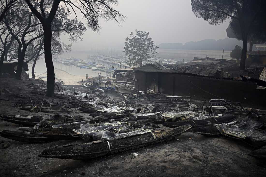 Se ven hidropedales carbonizados en el embalse de San Juan después de que un incendio forestal arrasara la región de Pelayos de la Presa, a 65 kilómetros (40 millas) al suroeste de Madrid, el 28 de julio de 2026.